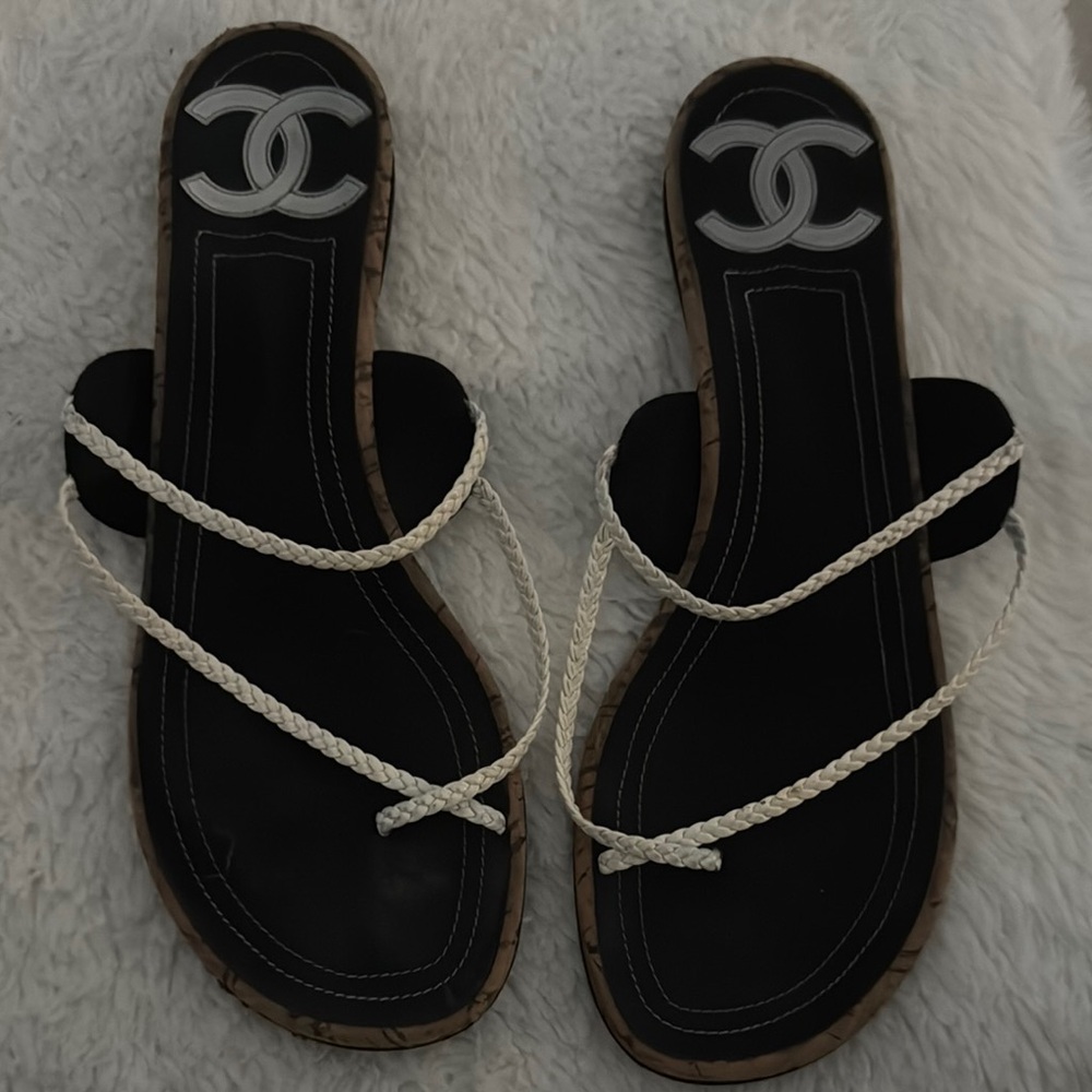 Chanel Black and White Sandals with Crisscross Straps